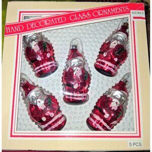 Hand Decorated Glass Santa Ornaments Set Of 5 Vintage Christmas Decorations Made